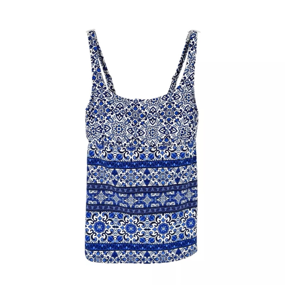 Lands End Tankini Top Womens Size 6 Blue Santorini Print Underwire Support Swim